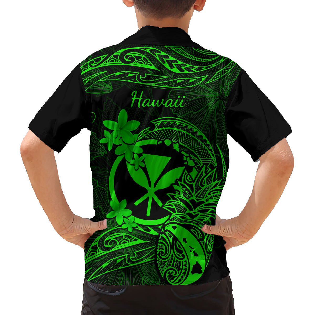 Hawaii Family Matching Off Shoulder Long Sleeve Dress and Hawaiian Shirt Pineapple Mix Polynesian Plumeria Green Version LT14 - Polynesian Pride