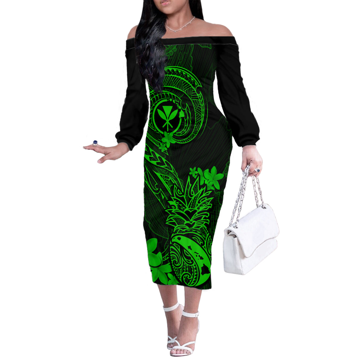 Hawaii Family Matching Off Shoulder Long Sleeve Dress and Hawaiian Shirt Pineapple Mix Polynesian Plumeria Green Version LT14 Mom's Dress Green - Polynesian Pride