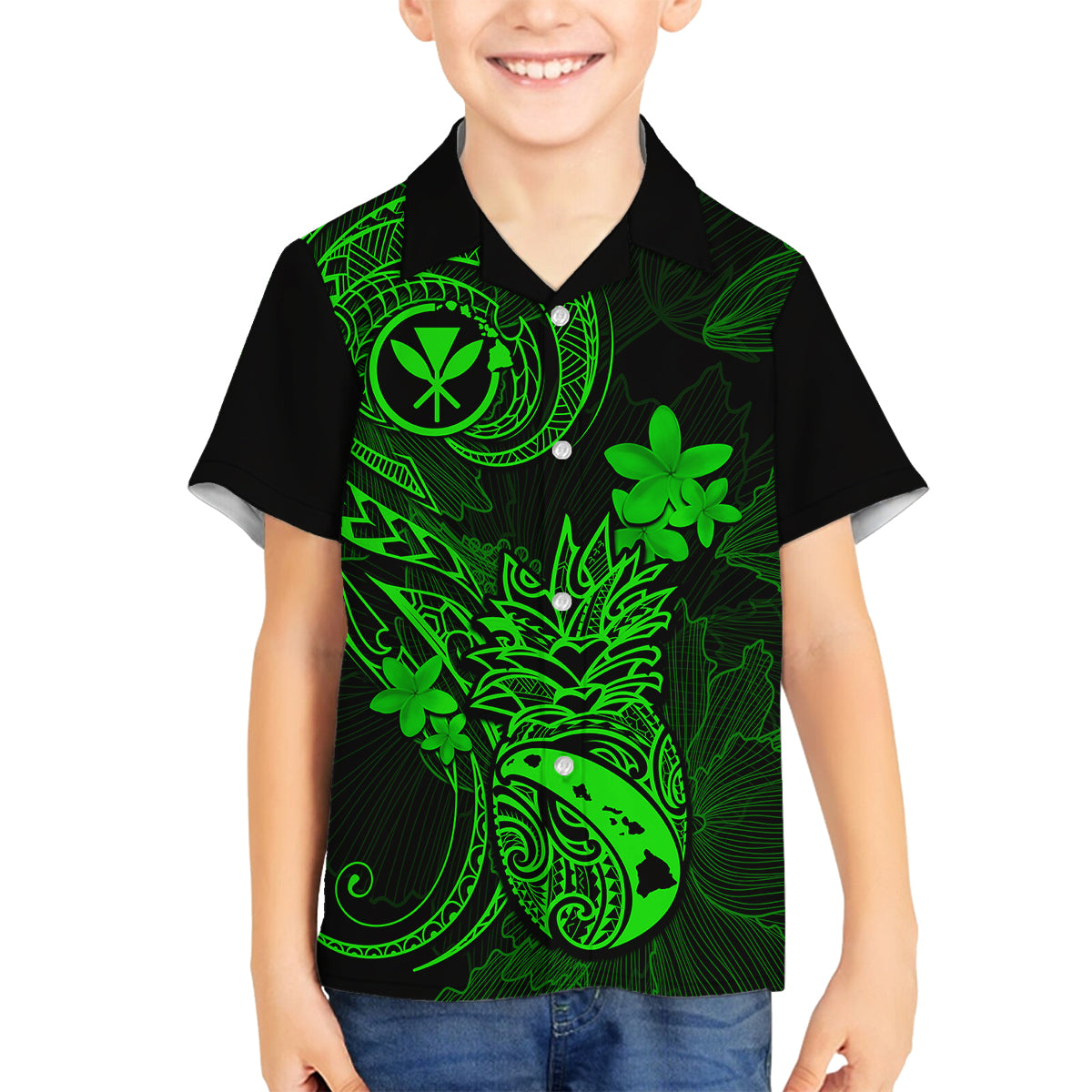Hawaii Family Matching Off Shoulder Long Sleeve Dress and Hawaiian Shirt Pineapple Mix Polynesian Plumeria Green Version LT14 Son's Shirt Green - Polynesian Pride