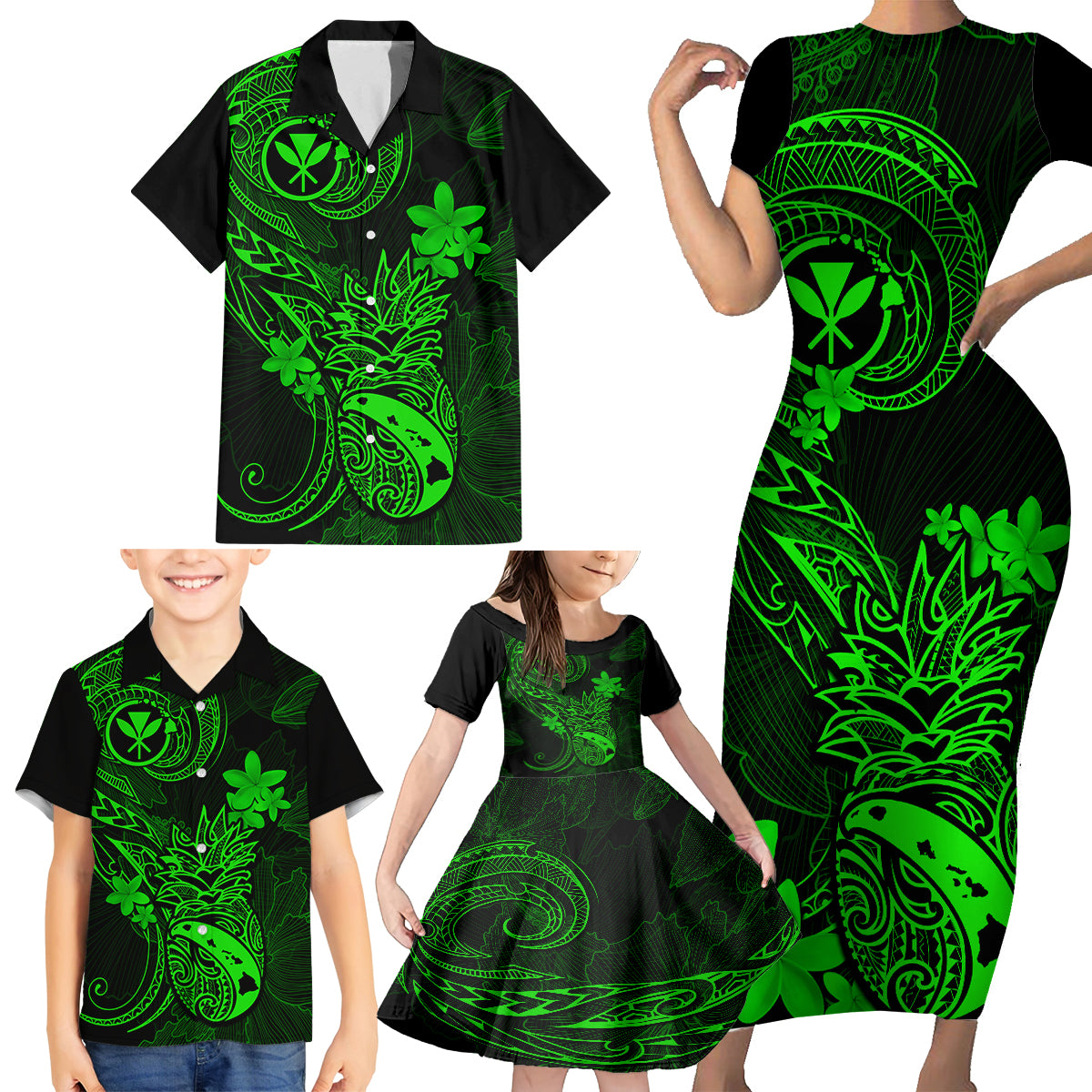 Hawaii Family Matching Short Sleeve Bodycon Dress and Hawaiian Shirt Pineapple Mix Polynesian Plumeria Green Version LT14 - Polynesian Pride