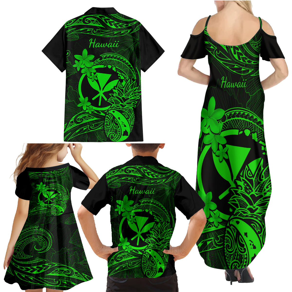 hawaii-family-matching-summer-maxi-dress-and-hawaiian-shirt-pineapple-mix-polynesian-plumeria-green-version