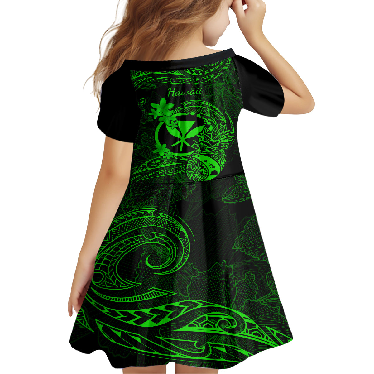 hawaii-kid-short-sleeve-dress-pineapple-mix-polynesian-plumeria-green-version