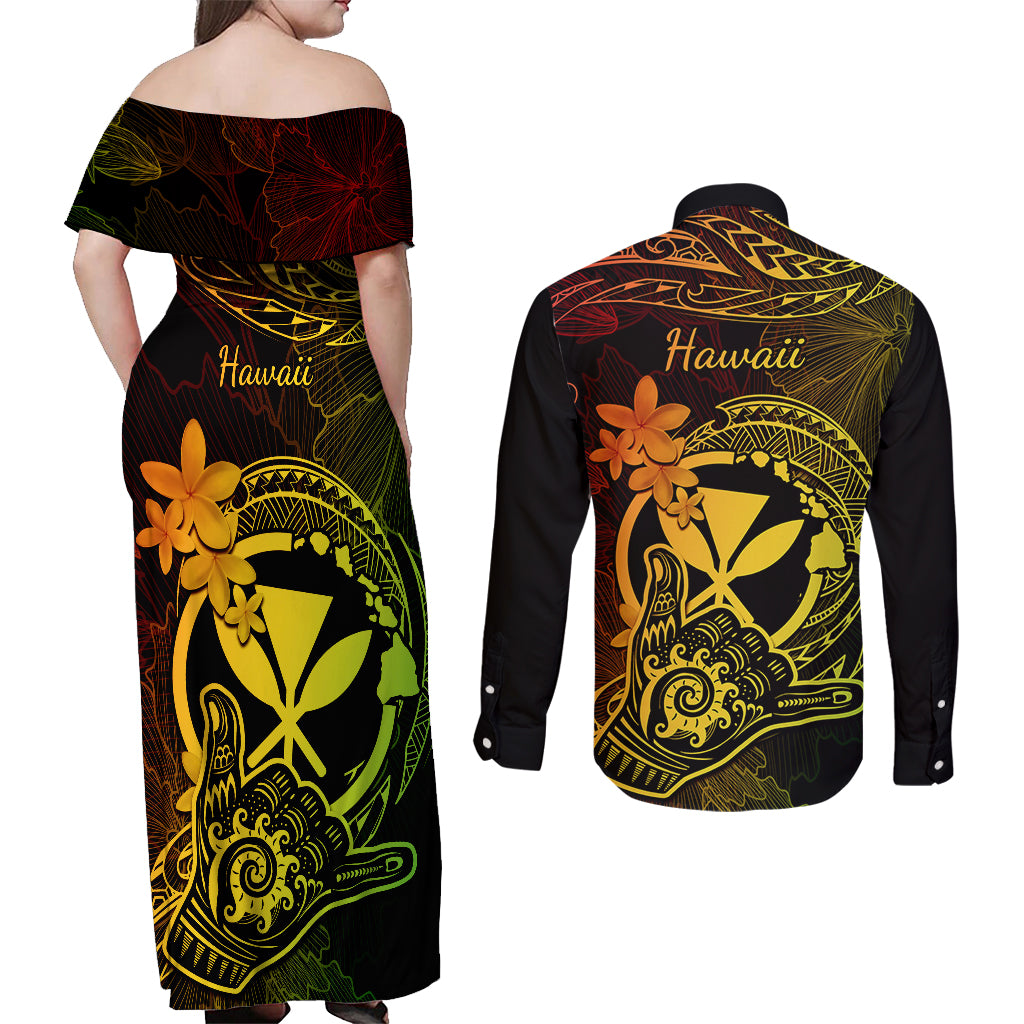 hawaii-couples-matching-off-shoulder-maxi-dress-and-long-sleeve-button-shirts-shaka-tattoo-mix-polynesian-plumeria-reggae-version