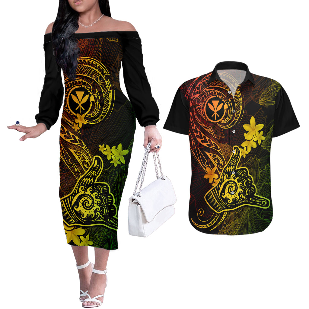 hawaii-couples-matching-off-the-shoulder-long-sleeve-dress-and-hawaiian-shirt-shaka-tattoo-mix-polynesian-plumeria-reggae-version