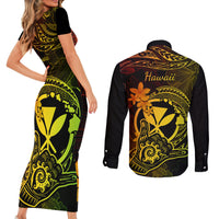 hawaii-couples-matching-short-sleeve-bodycon-dress-and-long-sleeve-button-shirts-shaka-tattoo-mix-polynesian-plumeria-reggae-version