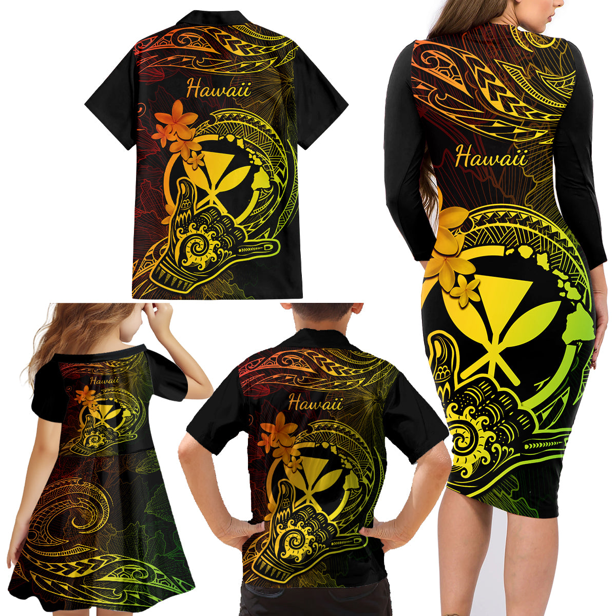 Hawaii Family Matching Long Sleeve Bodycon Dress and Hawaiian Shirt Shaka Tattoo Mix Polynesian Plumeria Reggae Version LT14 - Polynesian Pride