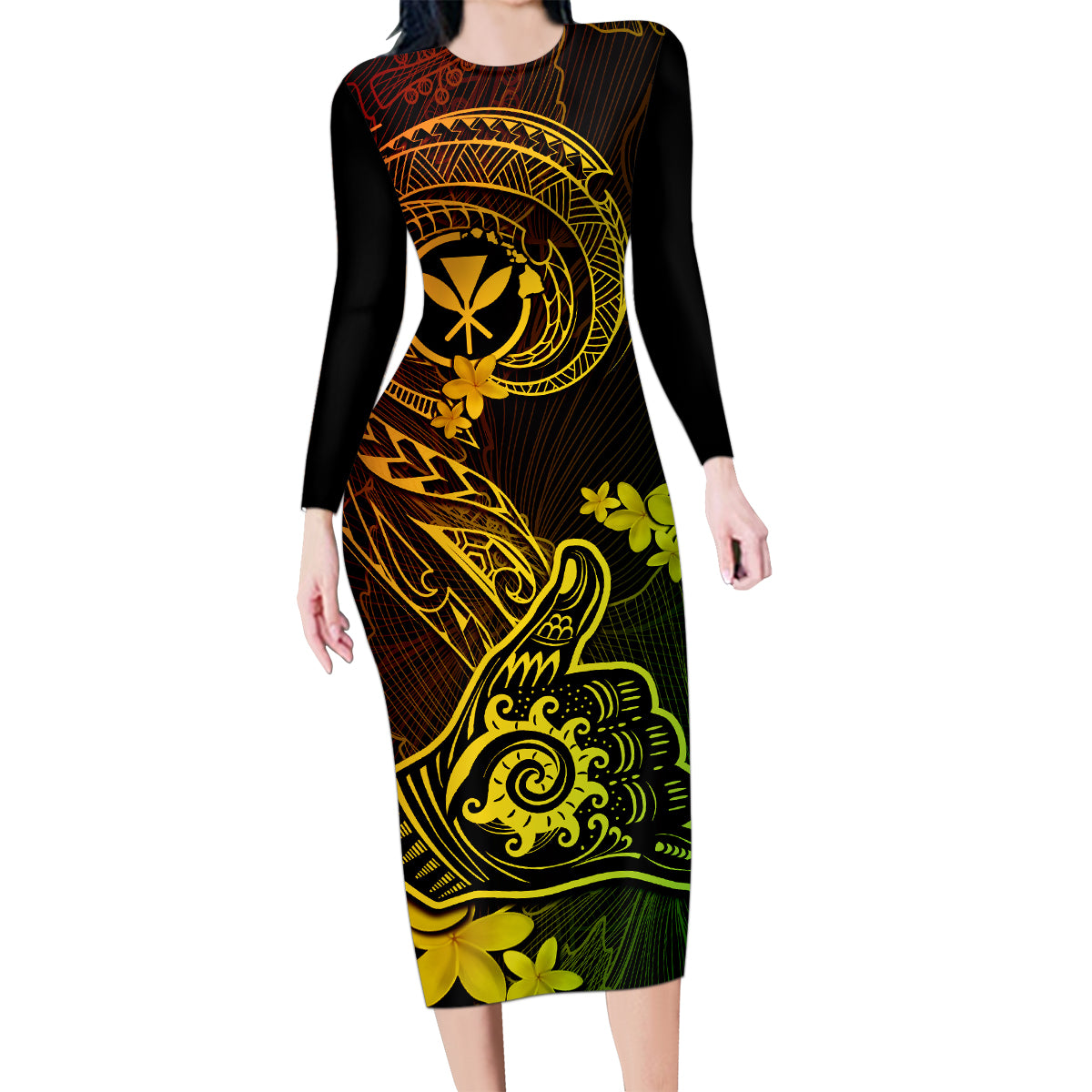 Hawaii Family Matching Long Sleeve Bodycon Dress and Hawaiian Shirt Shaka Tattoo Mix Polynesian Plumeria Reggae Version LT14 Mom's Dress Reggae - Polynesian Pride