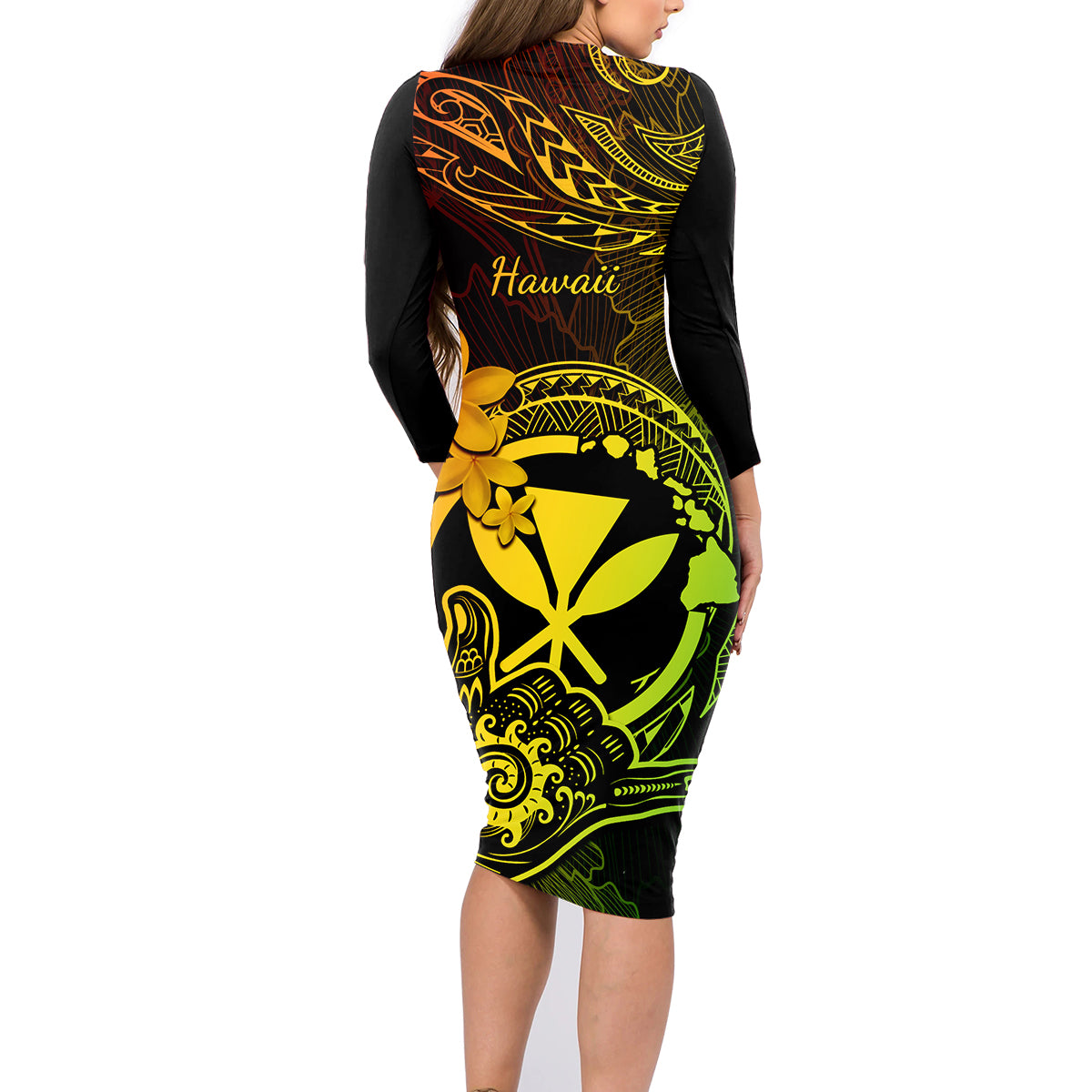 Hawaii Family Matching Long Sleeve Bodycon Dress and Hawaiian Shirt Shaka Tattoo Mix Polynesian Plumeria Reggae Version LT14 - Polynesian Pride