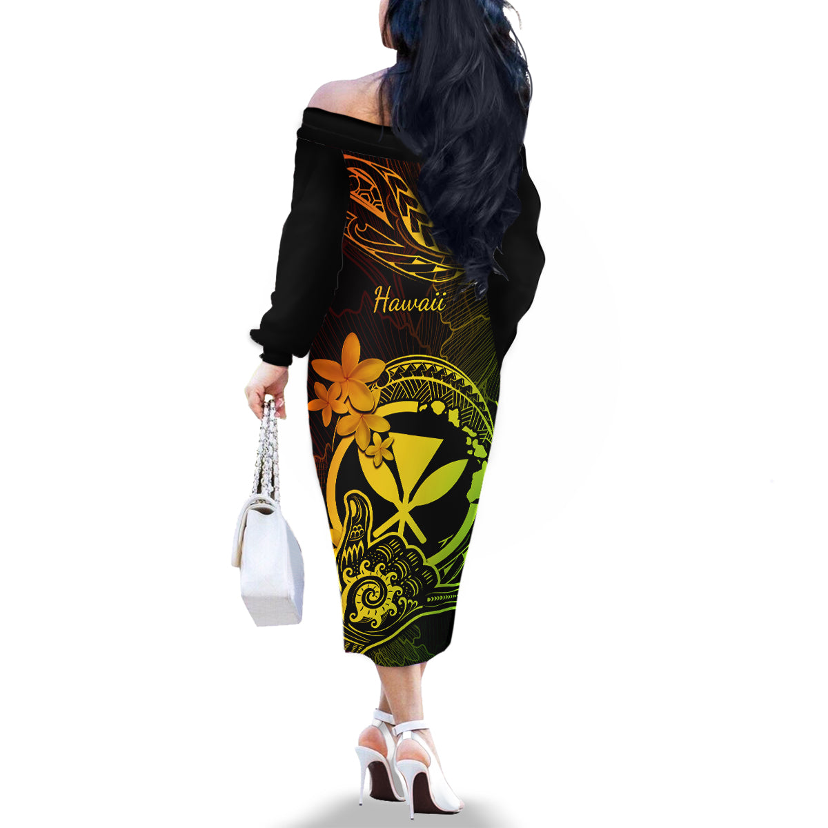 Hawaii Family Matching Off Shoulder Long Sleeve Dress and Hawaiian Shirt Shaka Tattoo Mix Polynesian Plumeria Reggae Version LT14 - Polynesian Pride