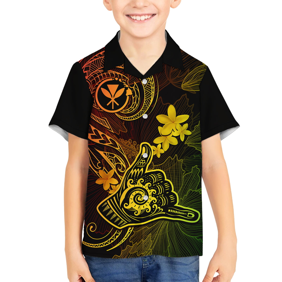 Hawaii Family Matching Off Shoulder Long Sleeve Dress and Hawaiian Shirt Shaka Tattoo Mix Polynesian Plumeria Reggae Version LT14 Son's Shirt Reggae - Polynesian Pride
