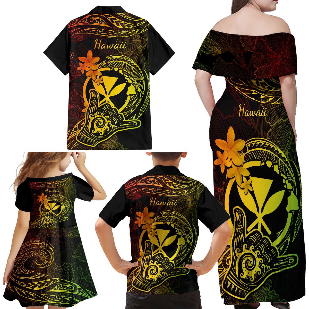 Hawaii Family Matching Off Shoulder Maxi Dress and Hawaiian Shirt Shaka Tattoo Mix Polynesian Plumeria Reggae Version LT14 - Polynesian Pride