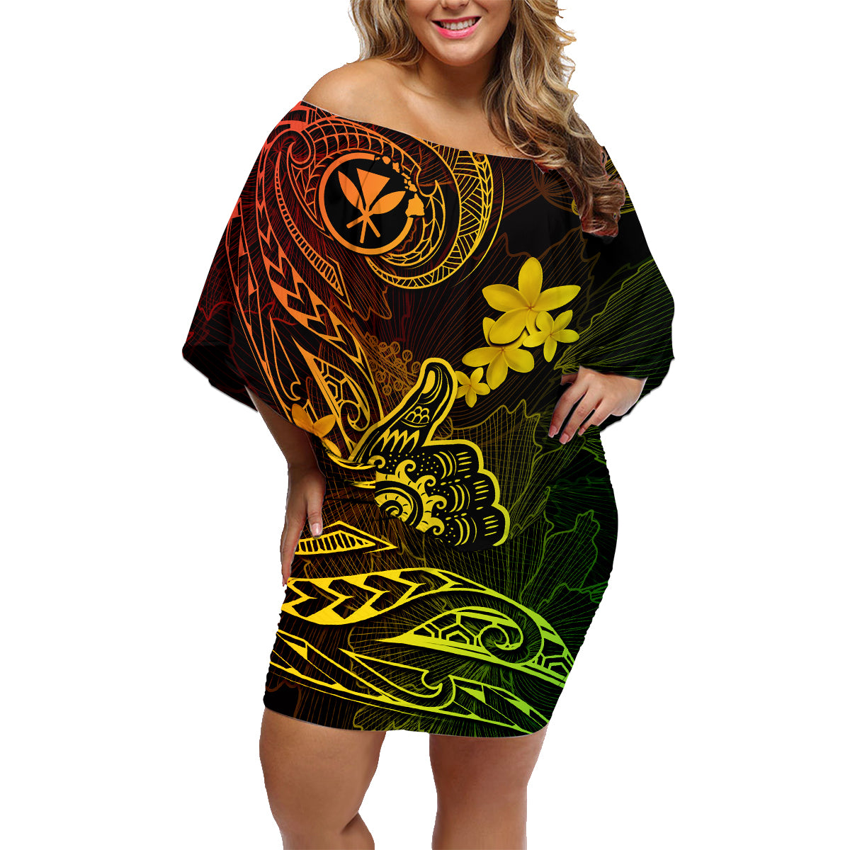 Hawaii Family Matching Off Shoulder Short Dress and Hawaiian Shirt Shaka Tattoo Mix Polynesian Plumeria Reggae Version LT14 Mom's Dress Reggae - Polynesian Pride