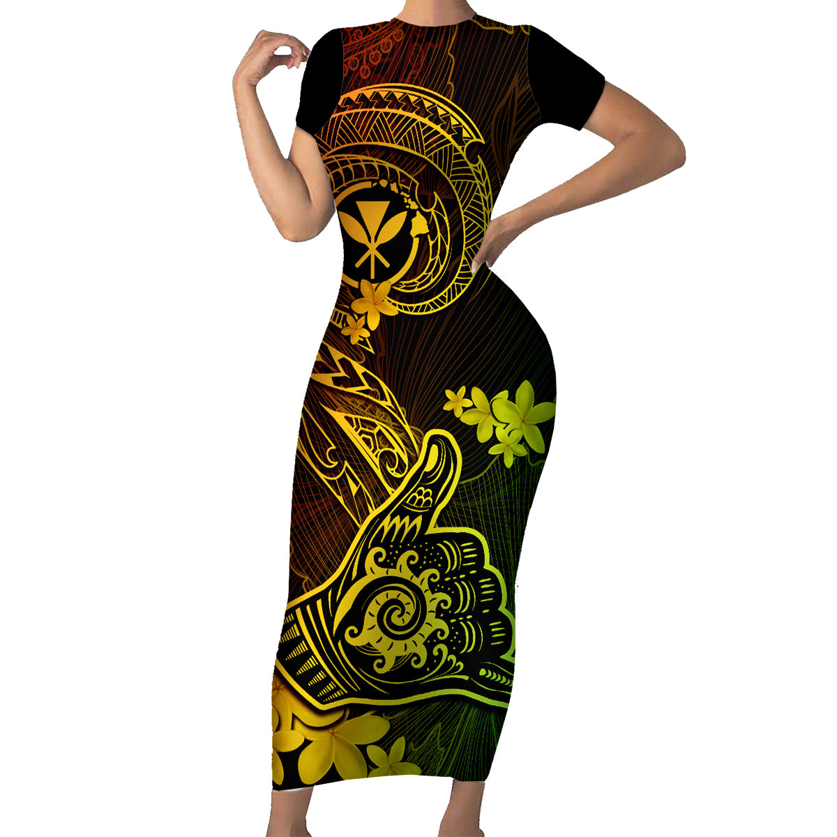 Hawaii Family Matching Short Sleeve Bodycon Dress and Hawaiian Shirt Shaka Tattoo Mix Polynesian Plumeria Reggae Version LT14 Mom's Dress Reggae - Polynesian Pride