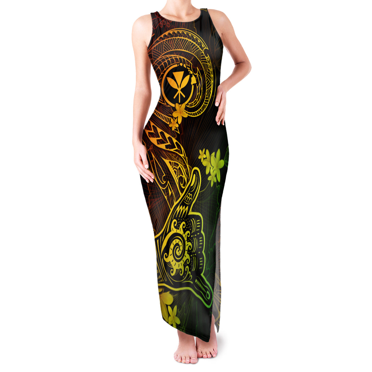 Hawaii Family Matching Tank Maxi Dress and Hawaiian Shirt Shaka Tattoo Mix Polynesian Plumeria Reggae Version LT14 Mom's Dress Reggae - Polynesian Pride
