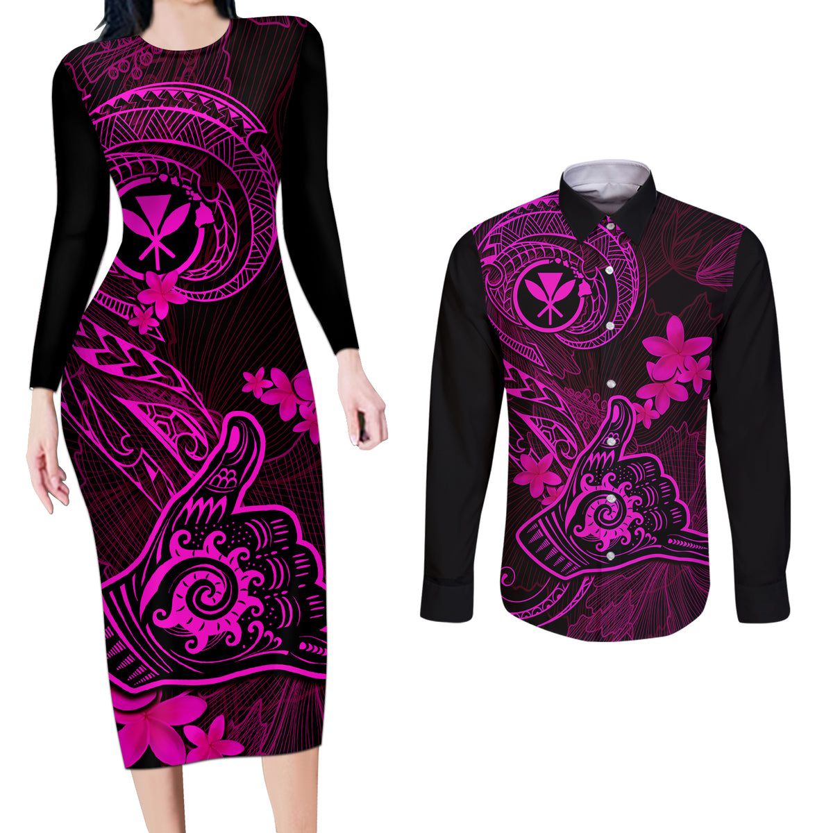 hawaii-couples-matching-long-sleeve-bodycon-dress-and-long-sleeve-button-shirts-shaka-tattoo-mix-polynesian-plumeria-pink-version