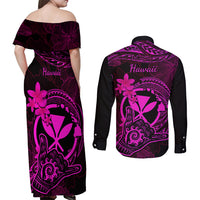 hawaii-couples-matching-off-shoulder-maxi-dress-and-long-sleeve-button-shirts-shaka-tattoo-mix-polynesian-plumeria-pink-version