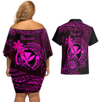 hawaii-couples-matching-off-shoulder-short-dress-and-hawaiian-shirt-shaka-tattoo-mix-polynesian-plumeria-pink-version