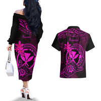 hawaii-couples-matching-off-the-shoulder-long-sleeve-dress-and-hawaiian-shirt-shaka-tattoo-mix-polynesian-plumeria-pink-version