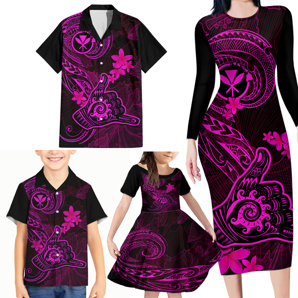 Hawaii Family Matching Long Sleeve Bodycon Dress and Hawaiian Shirt Shaka Tattoo Mix Polynesian Plumeria Pink Version LT14 - Polynesian Pride