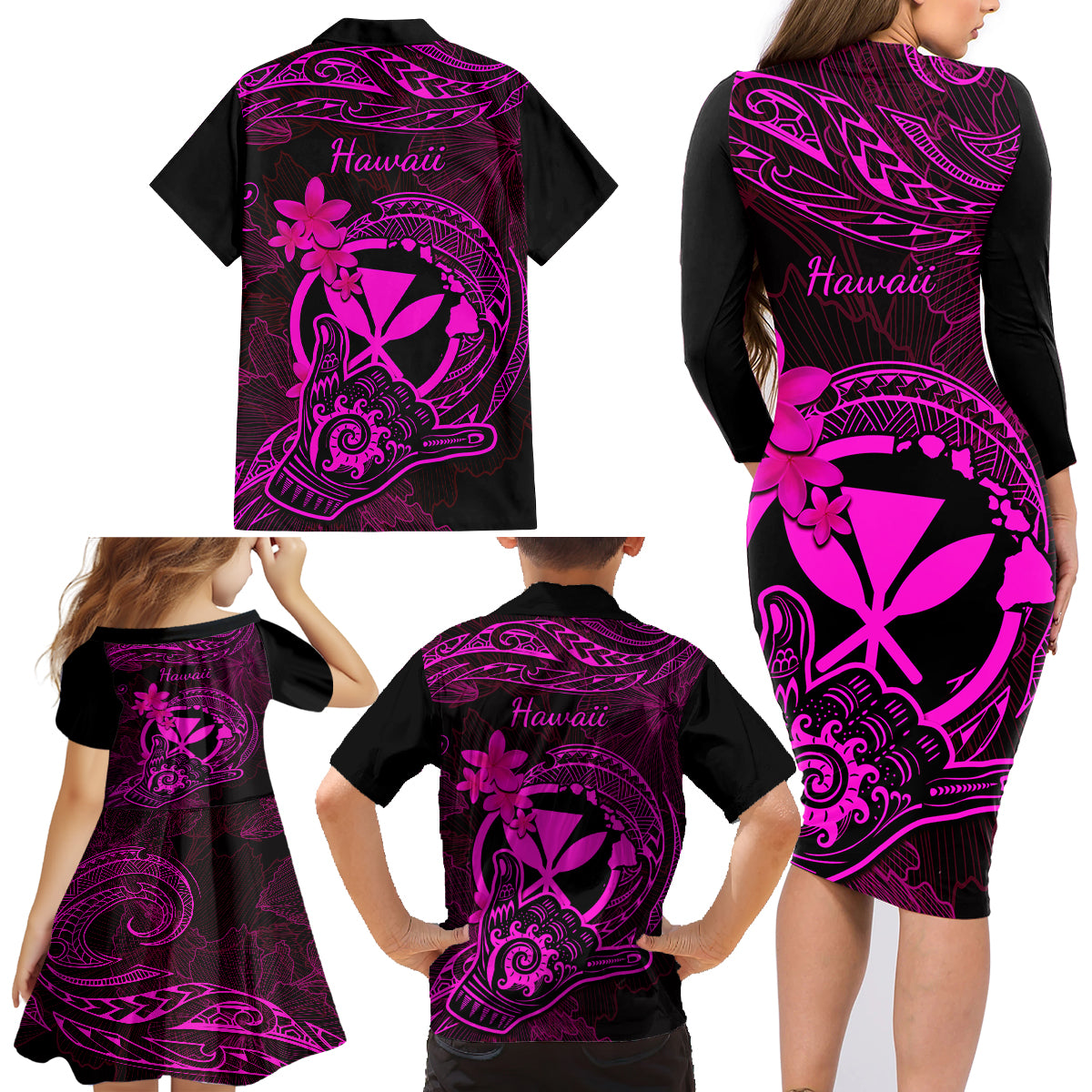 Hawaii Family Matching Long Sleeve Bodycon Dress and Hawaiian Shirt Shaka Tattoo Mix Polynesian Plumeria Pink Version LT14 - Polynesian Pride