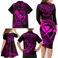 Hawaii Family Matching Long Sleeve Bodycon Dress and Hawaiian Shirt Shaka Tattoo Mix Polynesian Plumeria Pink Version LT14 - Polynesian Pride