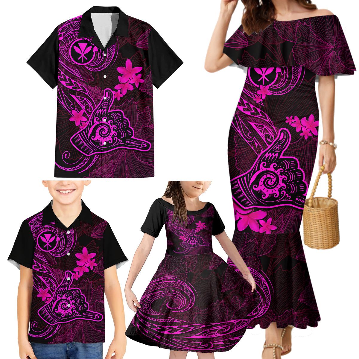 Hawaii Family Matching Mermaid Dress and Hawaiian Shirt Shaka Tattoo Mix Polynesian Plumeria Pink Version LT14 - Polynesian Pride