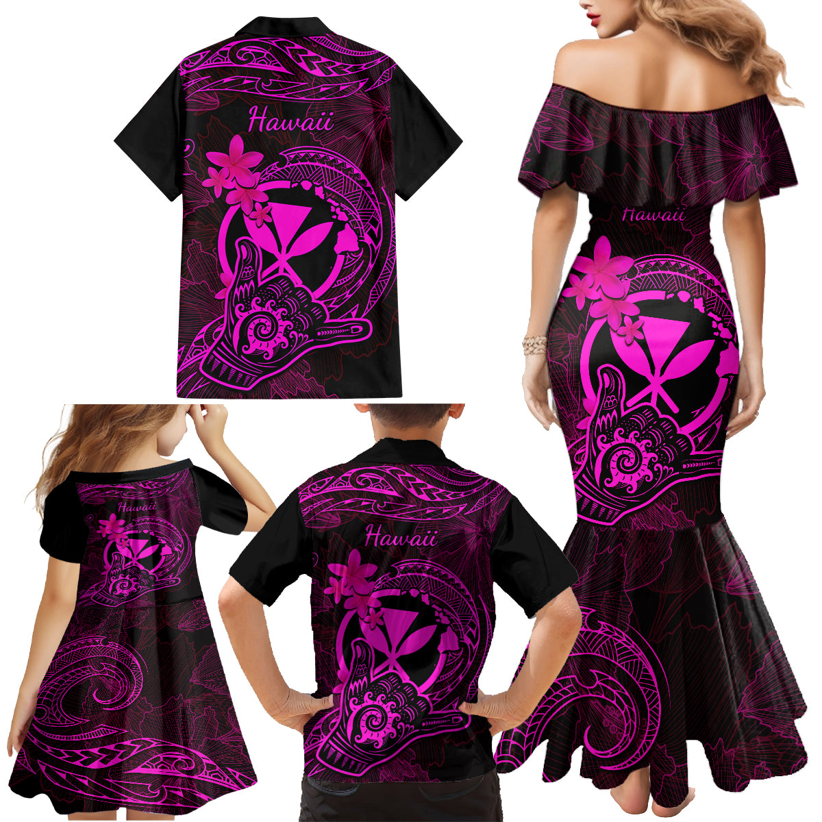 Hawaii Family Matching Mermaid Dress and Hawaiian Shirt Shaka Tattoo Mix Polynesian Plumeria Pink Version LT14 - Polynesian Pride