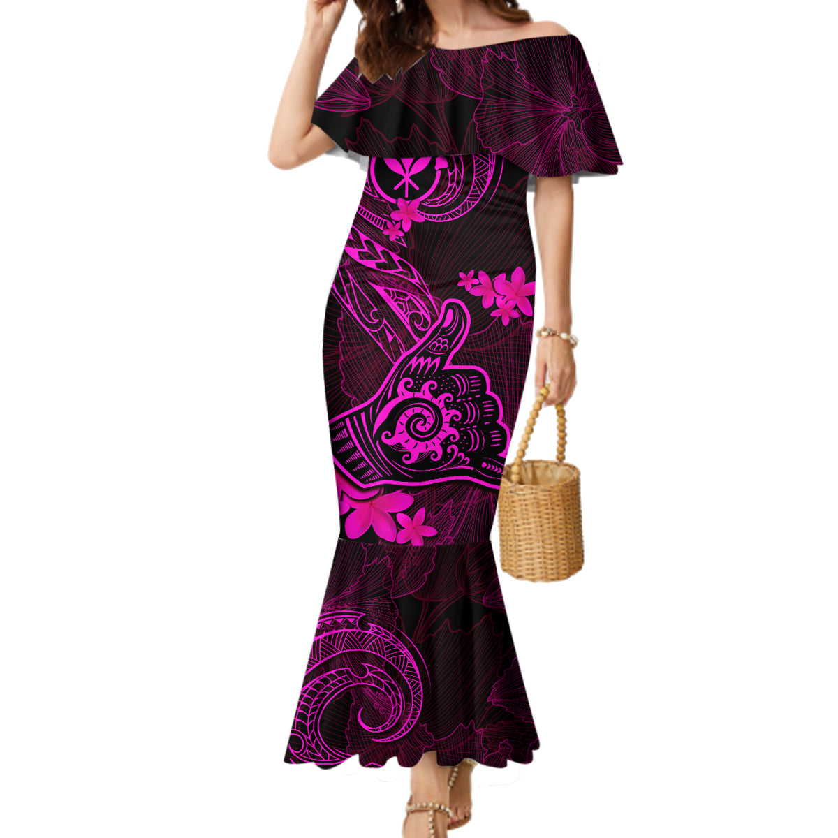 Hawaii Family Matching Mermaid Dress and Hawaiian Shirt Shaka Tattoo Mix Polynesian Plumeria Pink Version LT14 Mom's Dress Pink - Polynesian Pride