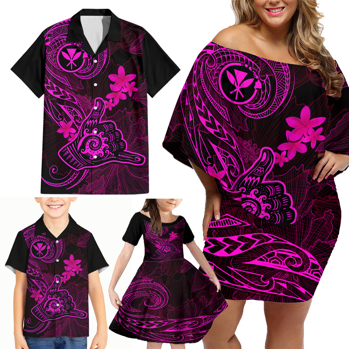 Hawaii Family Matching Off Shoulder Short Dress and Hawaiian Shirt Shaka Tattoo Mix Polynesian Plumeria Pink Version LT14 - Polynesian Pride
