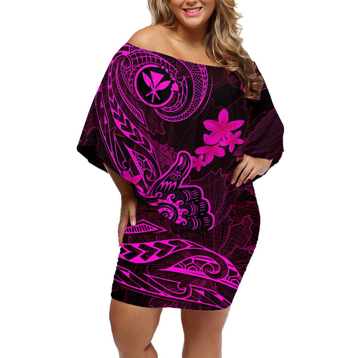 Hawaii Family Matching Off Shoulder Short Dress and Hawaiian Shirt Shaka Tattoo Mix Polynesian Plumeria Pink Version LT14 Mom's Dress Pink - Polynesian Pride