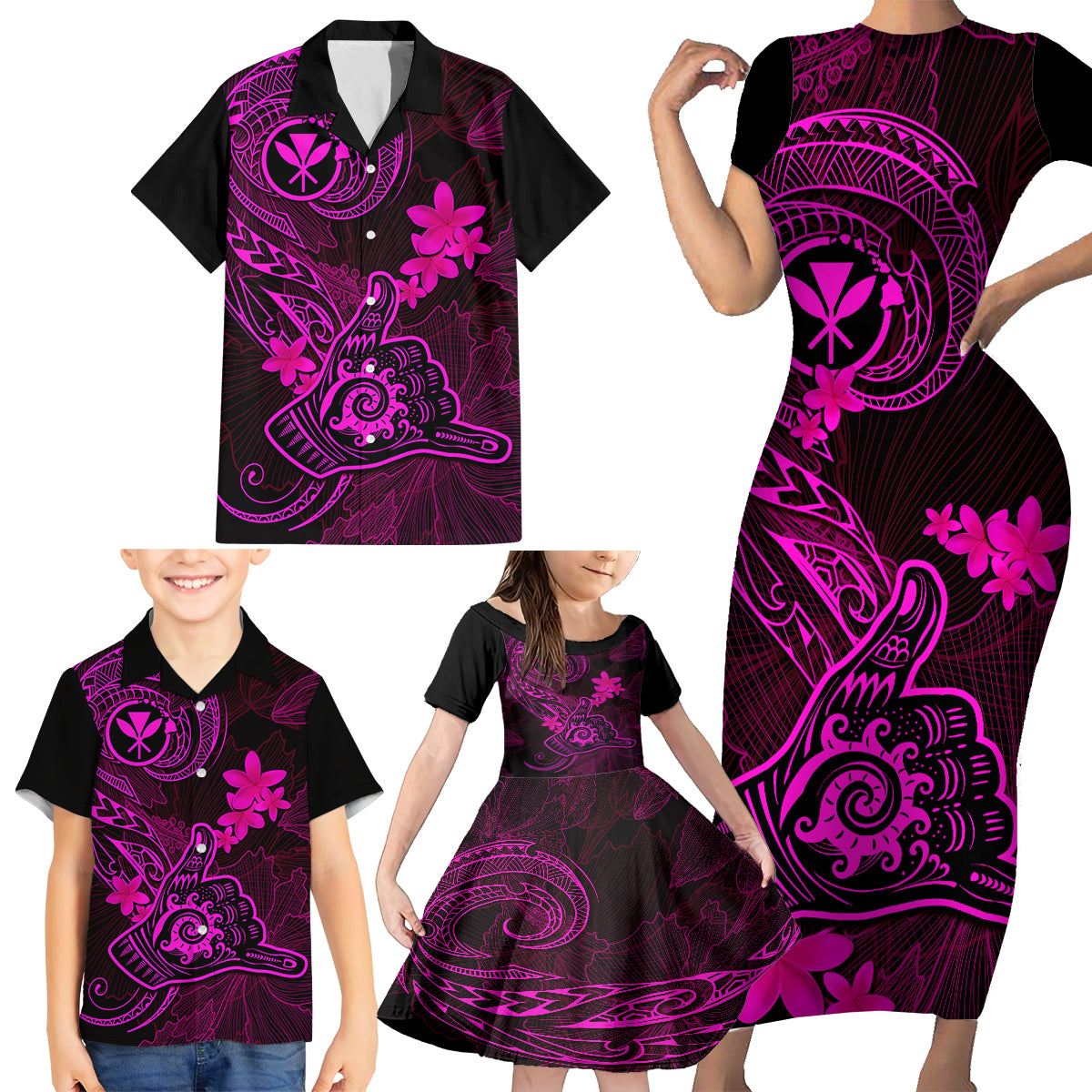 Hawaii Family Matching Short Sleeve Bodycon Dress and Hawaiian Shirt Shaka Tattoo Mix Polynesian Plumeria Pink Version LT14 - Polynesian Pride
