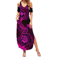 Hawaii Family Matching Summer Maxi Dress and Hawaiian Shirt Shaka Tattoo Mix Polynesian Plumeria Pink Version LT14 Daughter's Dress Pink - Polynesian Pride