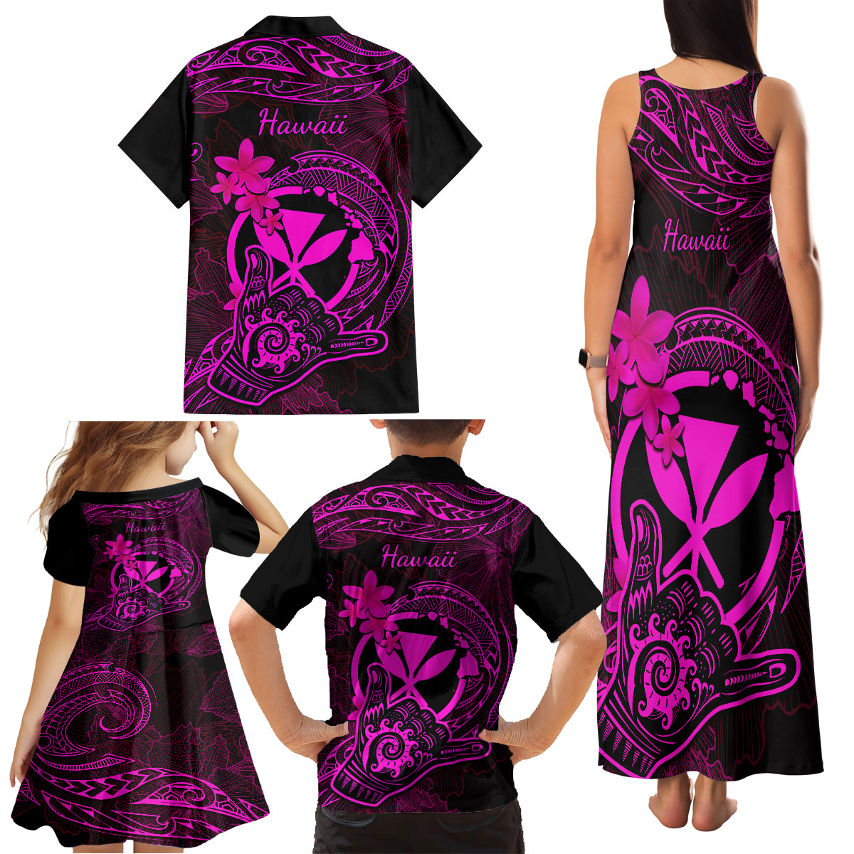 Hawaii Family Matching Tank Maxi Dress and Hawaiian Shirt Shaka Tattoo Mix Polynesian Plumeria Pink Version LT14 - Polynesian Pride