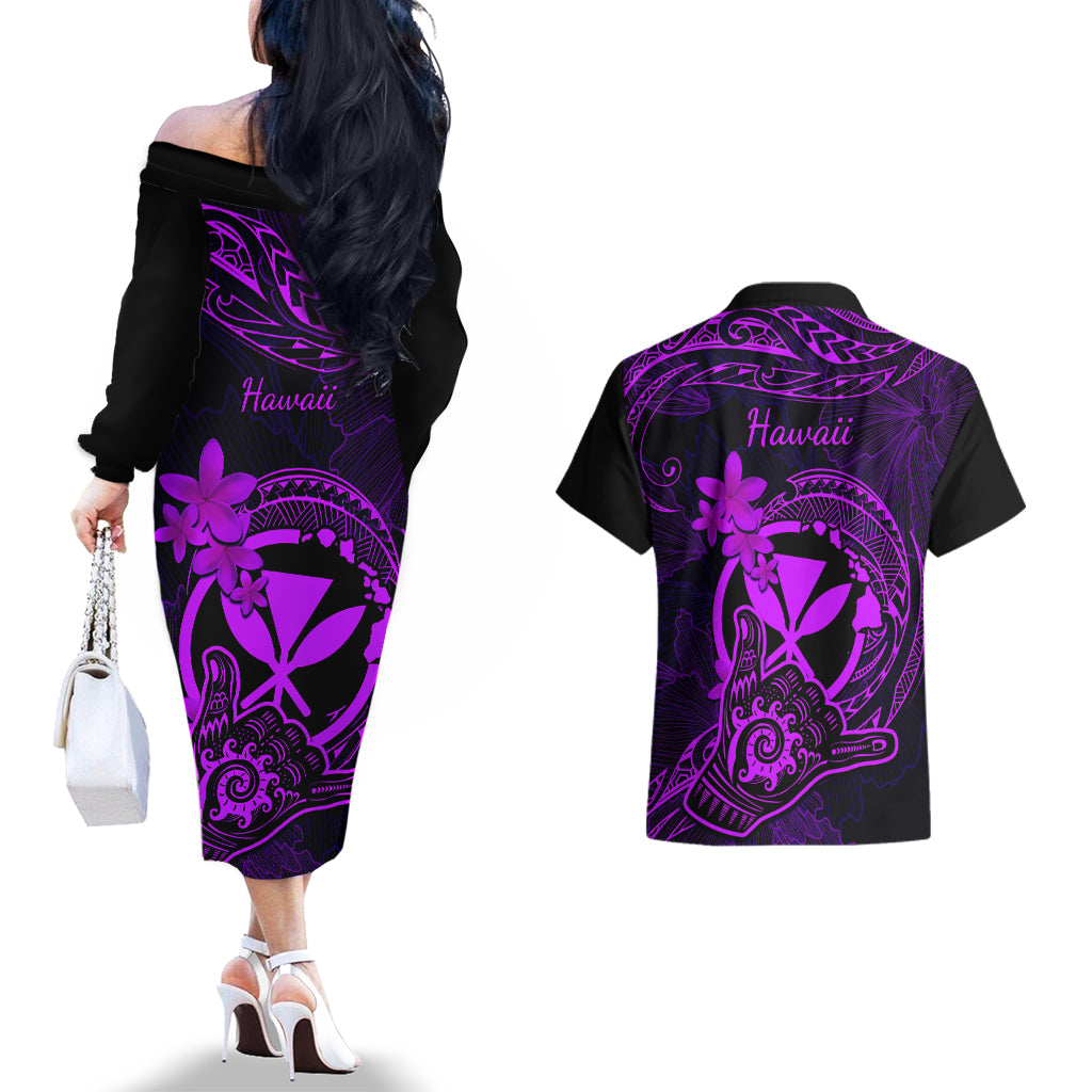 Hawaii Couples Matching Off The Shoulder Long Sleeve Dress and Hawaiian Shirt Shaka Tattoo Mix Polynesian Plumeria Purple Version LT14 - Polynesian Pride