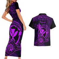 Hawaii Couples Matching Short Sleeve Bodycon Dress and Hawaiian Shirt Shaka Tattoo Mix Polynesian Plumeria Purple Version LT14 - Polynesian Pride
