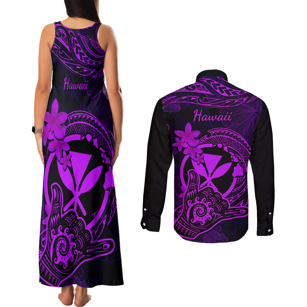 hawaii-couples-matching-tank-maxi-dress-and-long-sleeve-button-shirts-shaka-tattoo-mix-polynesian-plumeria-purple-version