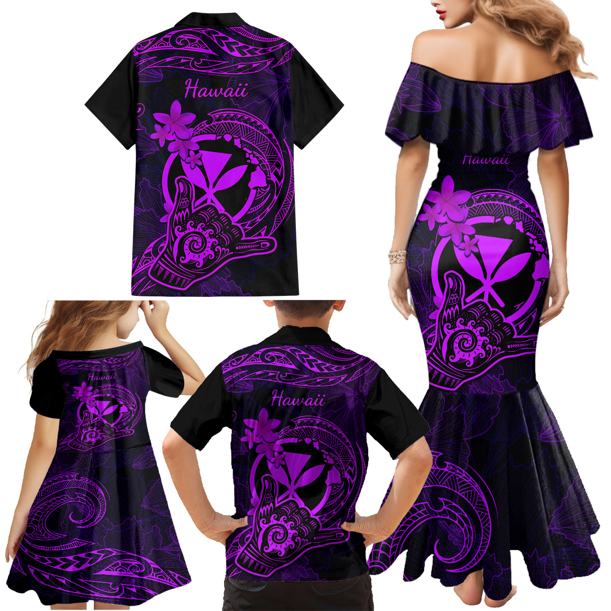 Hawaii Family Matching Mermaid Dress and Hawaiian Shirt Shaka Tattoo Mix Polynesian Plumeria Purple Version LT14 - Polynesian Pride
