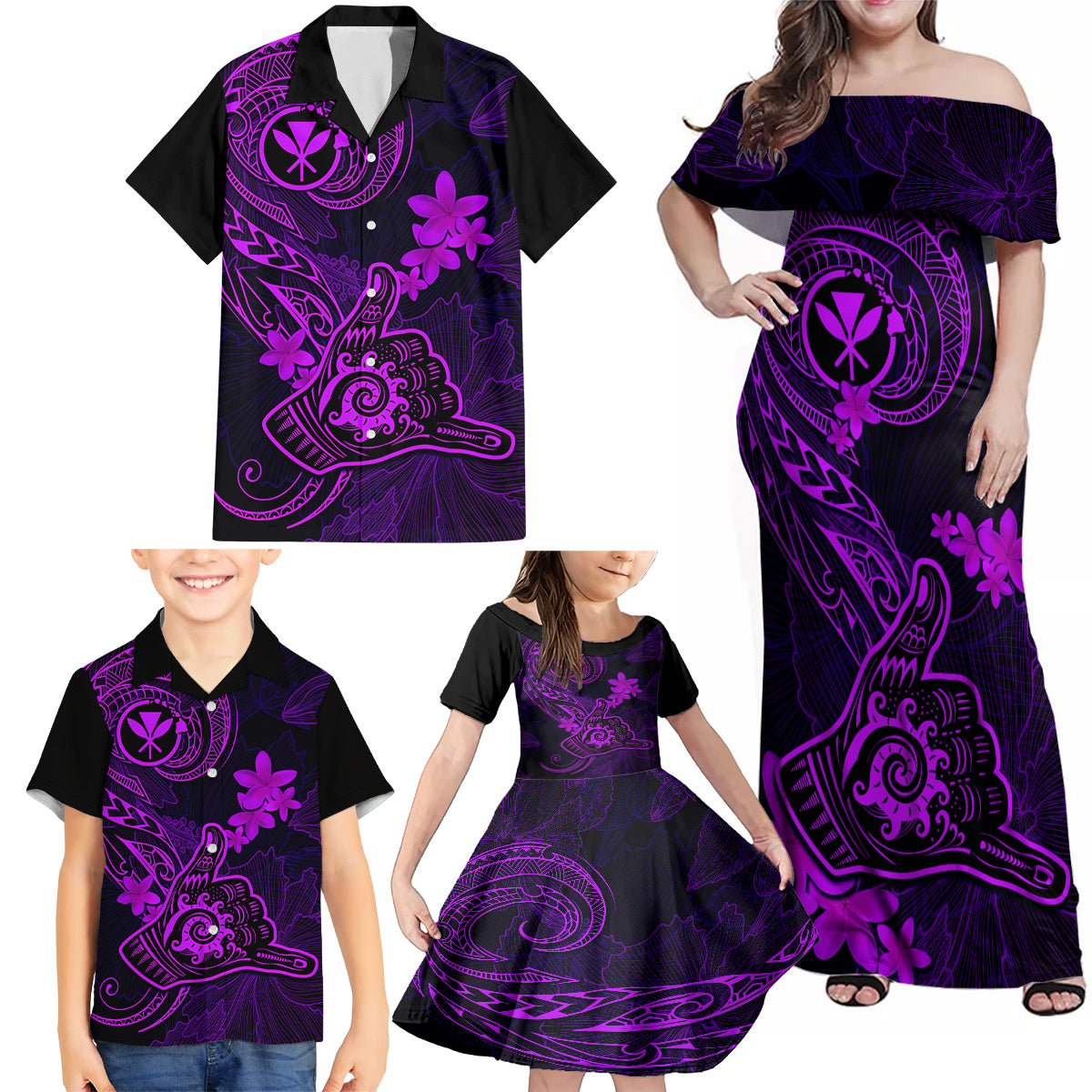 Hawaii Family Matching Off Shoulder Maxi Dress and Hawaiian Shirt Shaka Tattoo Mix Polynesian Plumeria Purple Version LT14 - Polynesian Pride