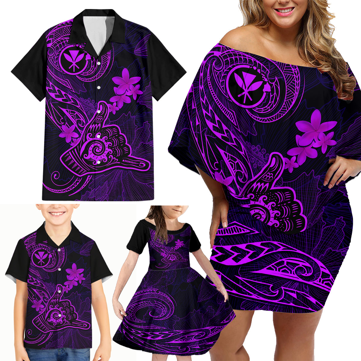 Hawaii Family Matching Off Shoulder Short Dress and Hawaiian Shirt Shaka Tattoo Mix Polynesian Plumeria Purple Version LT14 - Polynesian Pride