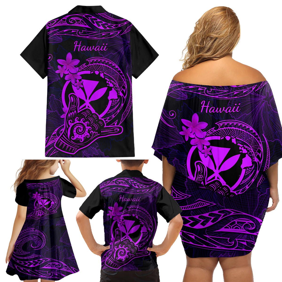 Hawaii Family Matching Off Shoulder Short Dress and Hawaiian Shirt Shaka Tattoo Mix Polynesian Plumeria Purple Version LT14 - Polynesian Pride