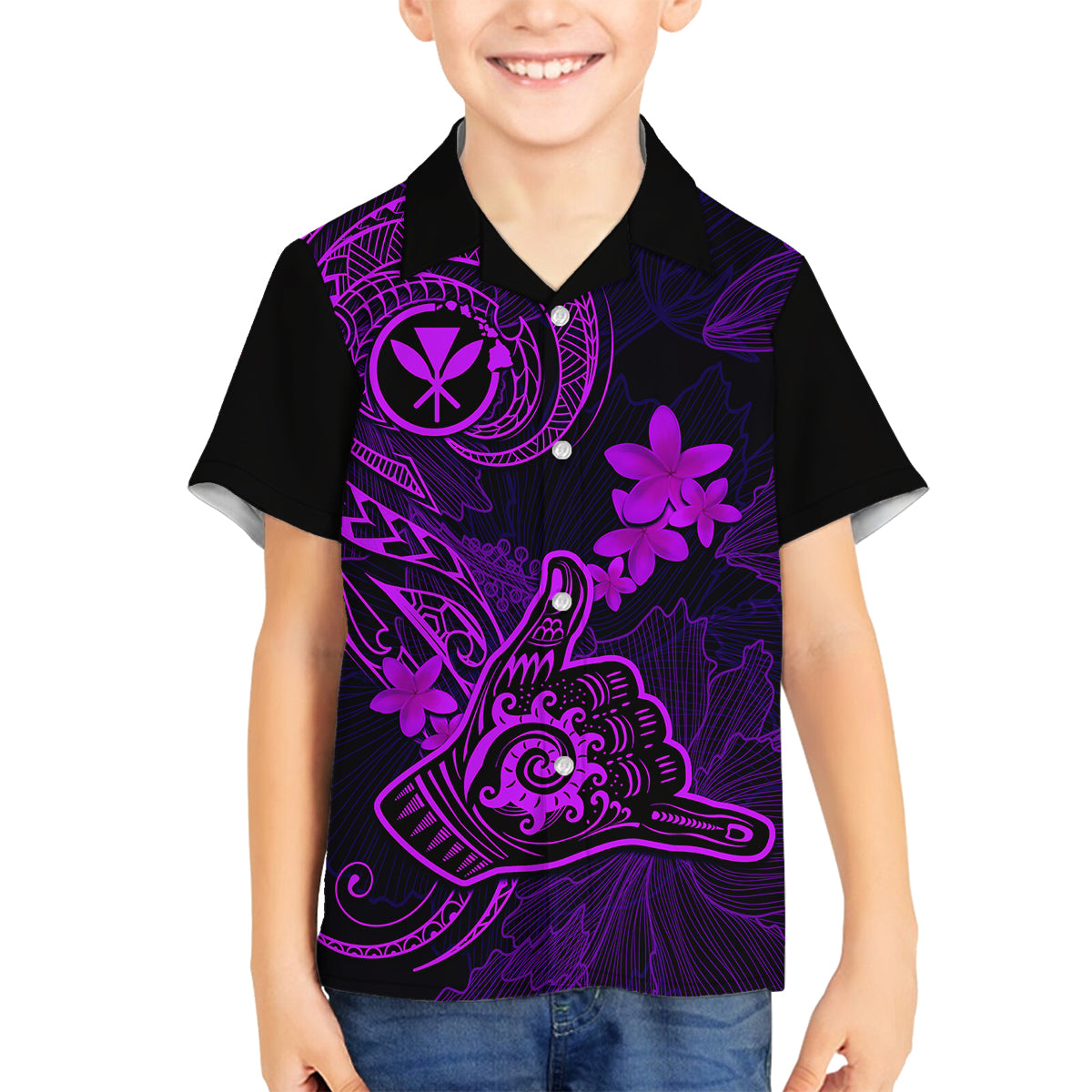 Hawaii Family Matching Off Shoulder Short Dress and Hawaiian Shirt Shaka Tattoo Mix Polynesian Plumeria Purple Version LT14 Son's Shirt Purple - Polynesian Pride
