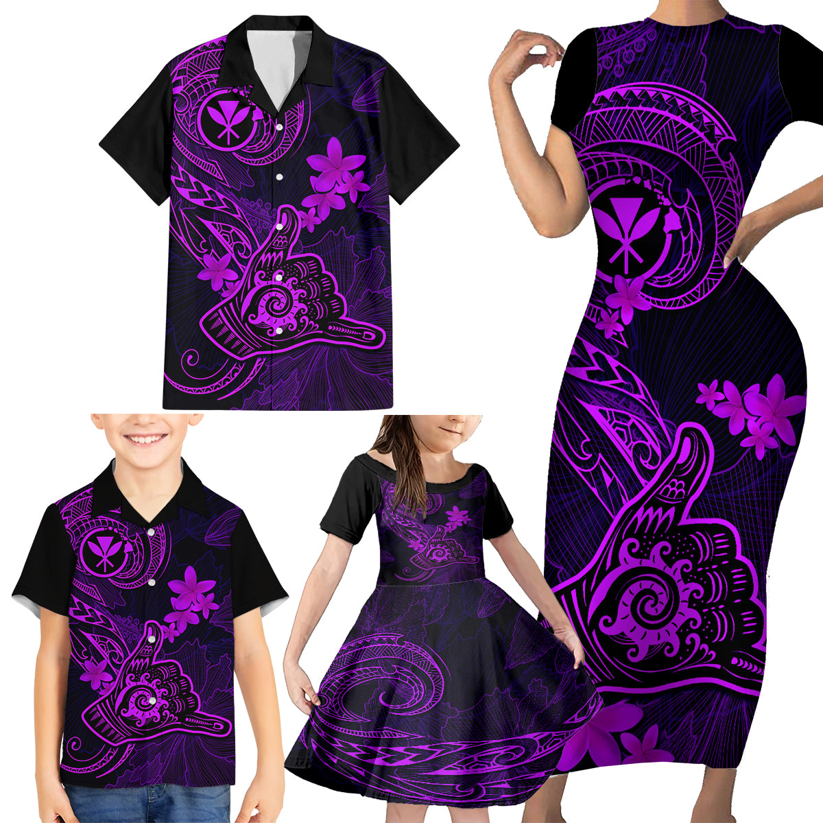 Hawaii Family Matching Short Sleeve Bodycon Dress and Hawaiian Shirt Shaka Tattoo Mix Polynesian Plumeria Purple Version LT14 - Polynesian Pride