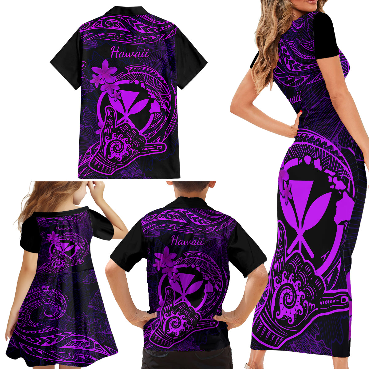 Hawaii Family Matching Short Sleeve Bodycon Dress and Hawaiian Shirt Shaka Tattoo Mix Polynesian Plumeria Purple Version LT14 - Polynesian Pride