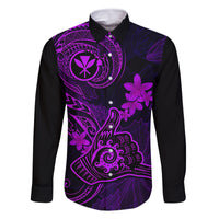 Hawaii Family Matching Short Sleeve Bodycon Dress and Hawaiian Shirt Shaka Tattoo Mix Polynesian Plumeria Purple Version LT14 Dad's Shirt - Long Sleeve Purple - Polynesian Pride