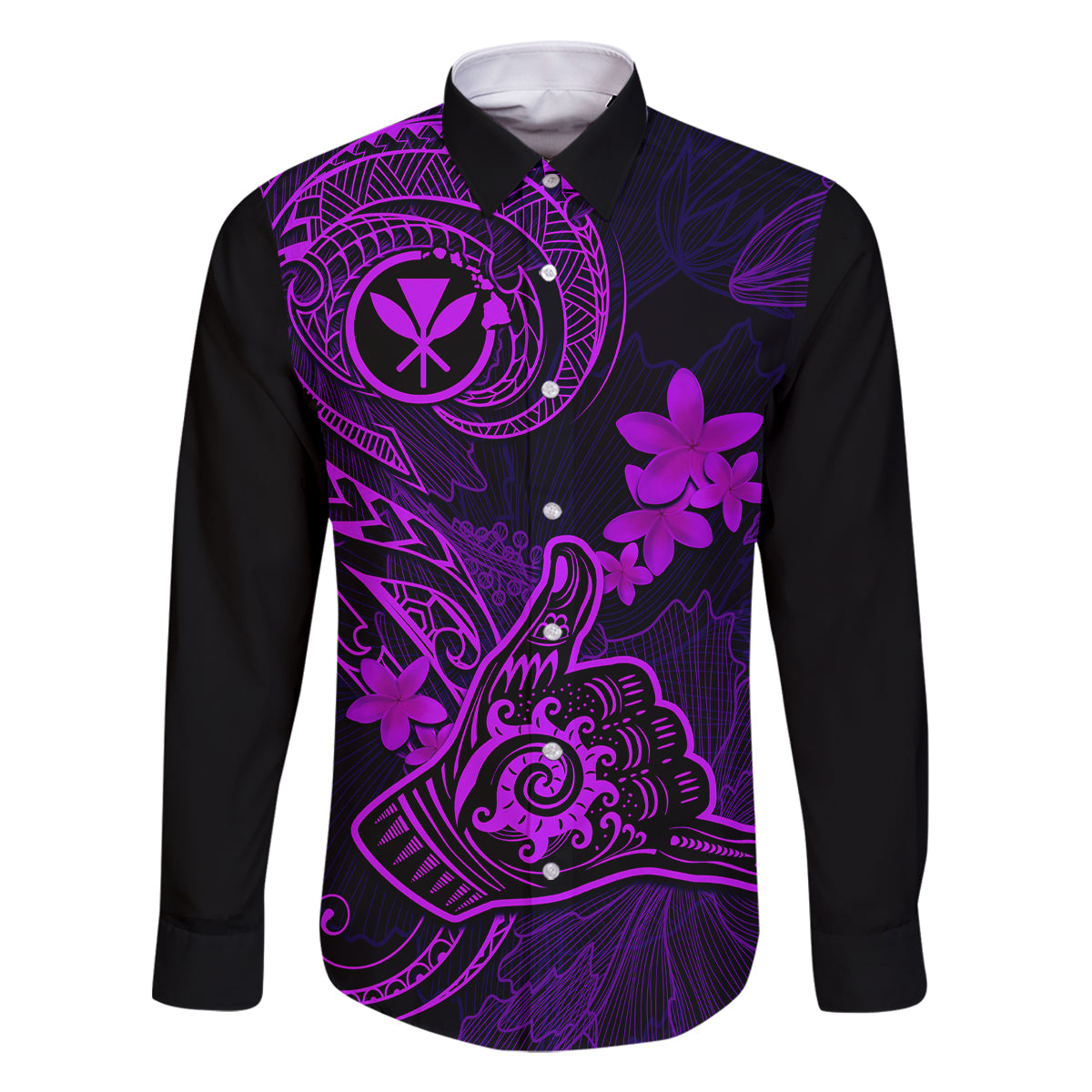 Hawaii Family Matching Tank Maxi Dress and Hawaiian Shirt Shaka Tattoo Mix Polynesian Plumeria Purple Version LT14 Dad's Shirt - Long Sleeve Purple - Polynesian Pride