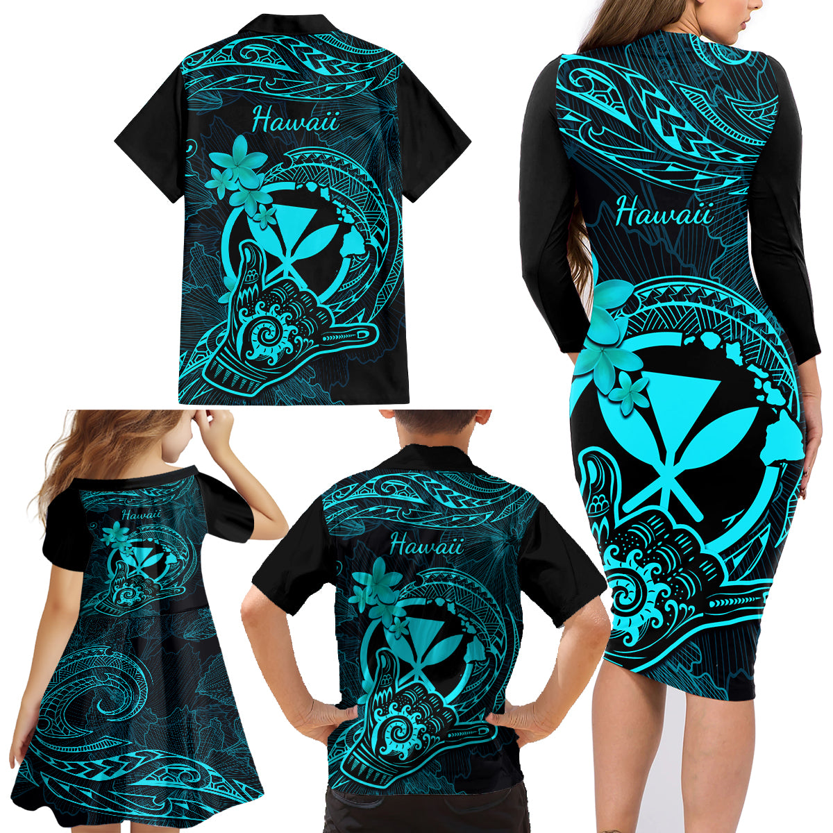 Hawaii Family Matching Long Sleeve Bodycon Dress and Hawaiian Shirt Shaka Tattoo Mix Polynesian Plumeria Turquoise Version LT14 - Polynesian Pride