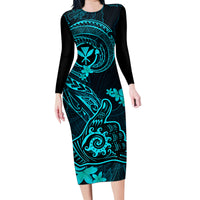 Hawaii Family Matching Long Sleeve Bodycon Dress and Hawaiian Shirt Shaka Tattoo Mix Polynesian Plumeria Turquoise Version LT14 Mom's Dress Turquoise - Polynesian Pride