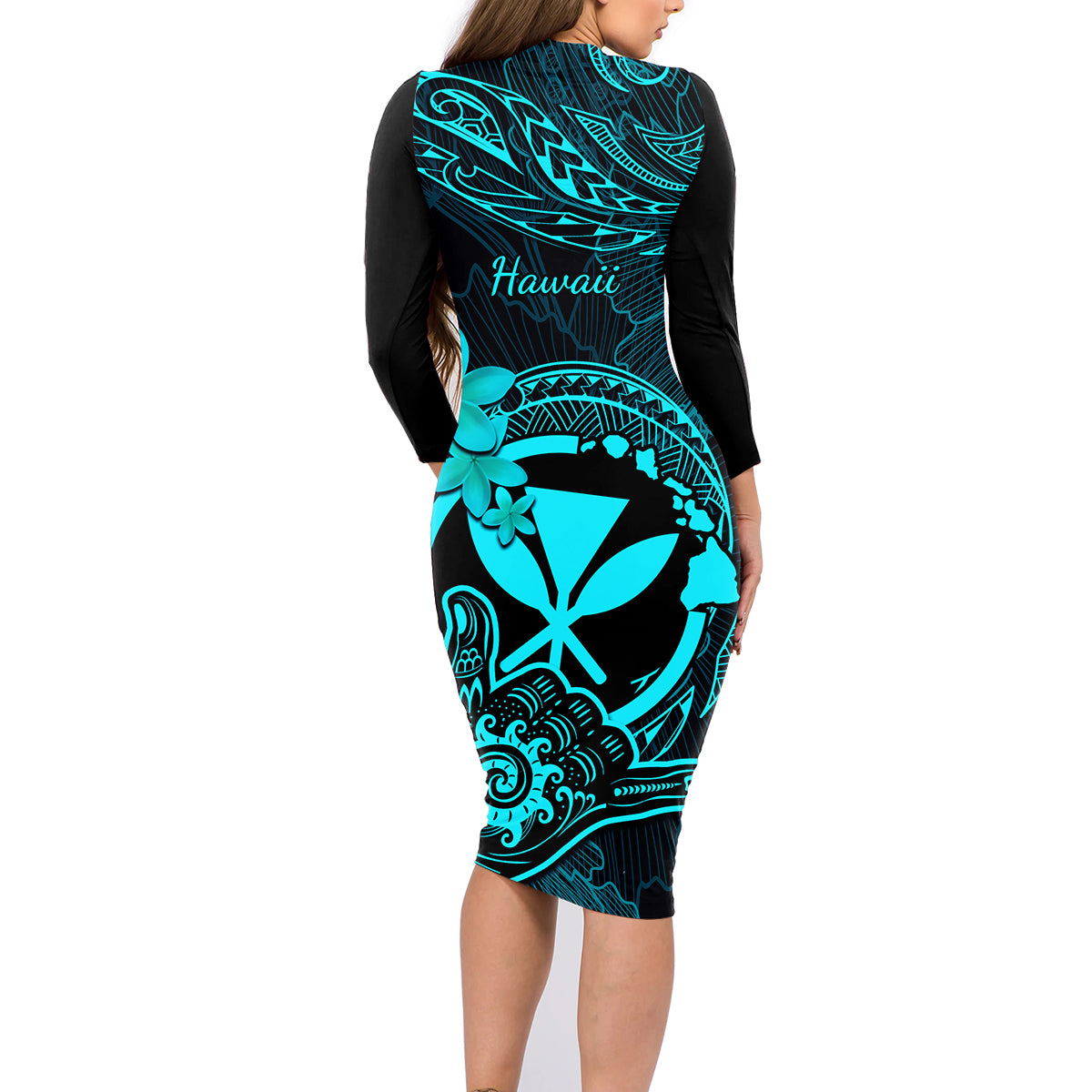 Hawaii Family Matching Long Sleeve Bodycon Dress and Hawaiian Shirt Shaka Tattoo Mix Polynesian Plumeria Turquoise Version LT14 - Polynesian Pride