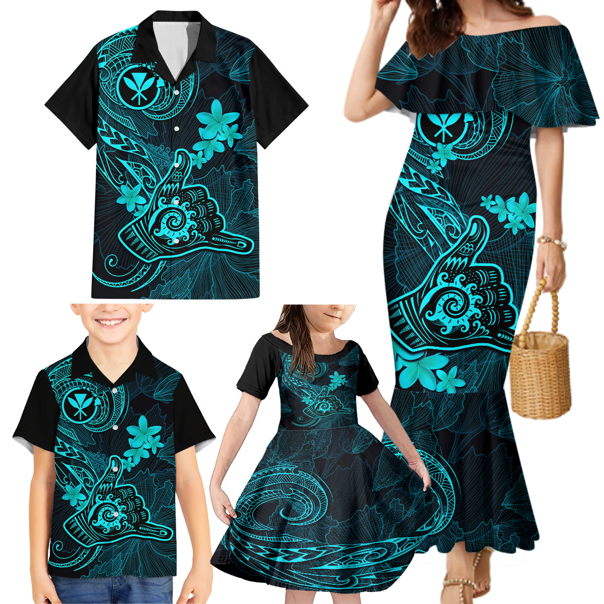 Hawaii Family Matching Mermaid Dress and Hawaiian Shirt Shaka Tattoo Mix Polynesian Plumeria Turquoise Version LT14 - Polynesian Pride