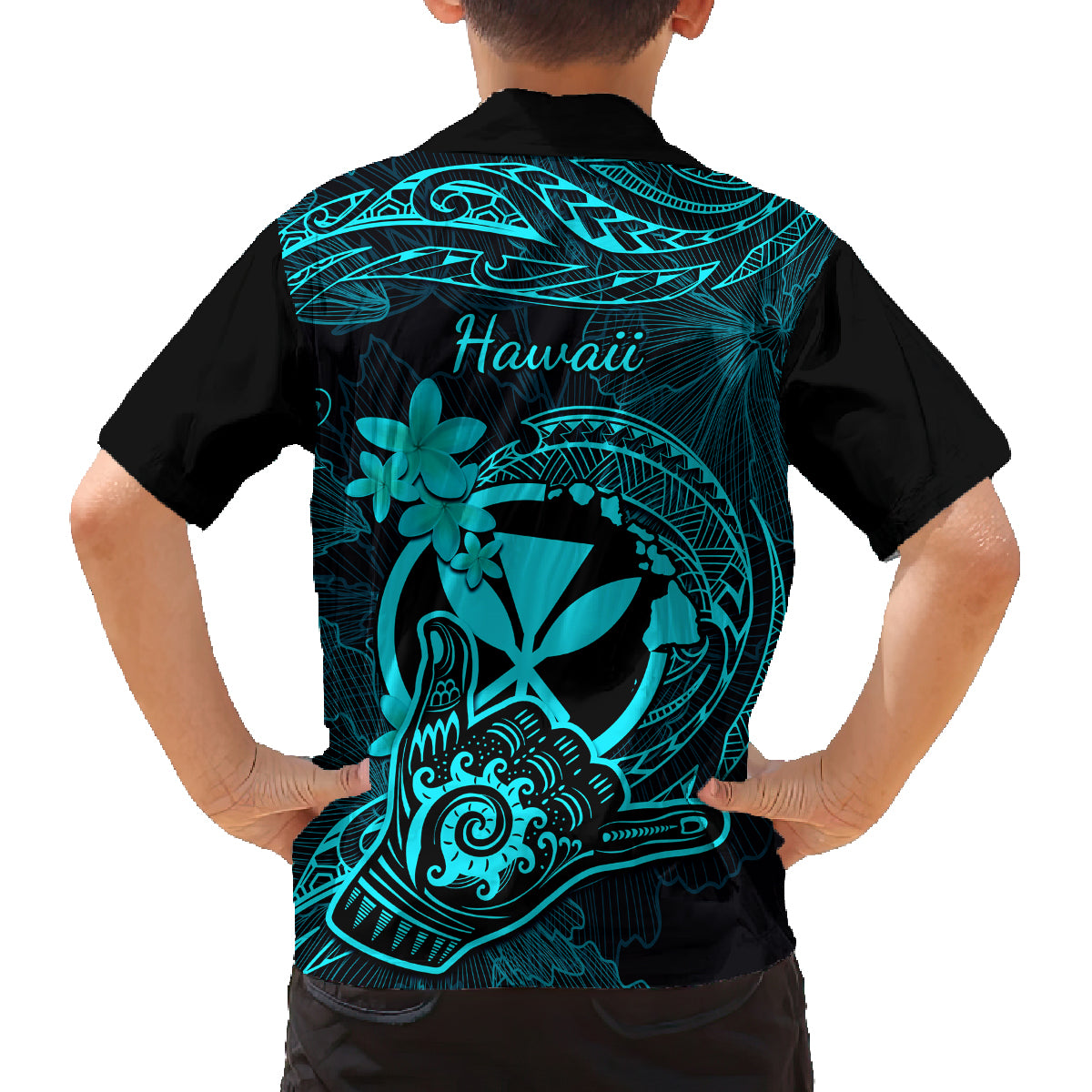 Hawaii Family Matching Off Shoulder Long Sleeve Dress and Hawaiian Shirt Shaka Tattoo Mix Polynesian Plumeria Turquoise Version LT14 - Polynesian Pride